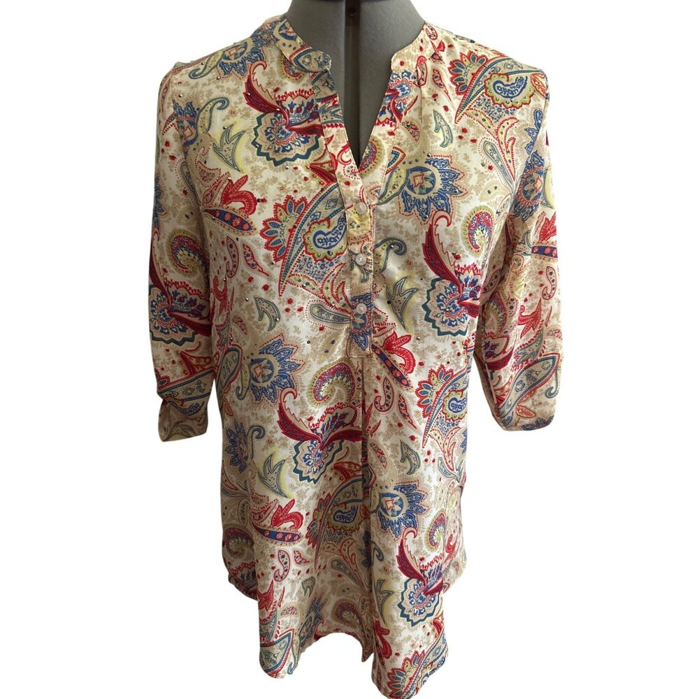 Antilia Femme Tan & Red Paisley Print Tunic/Top Size S Roll Tab Sleeves